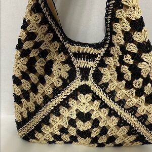 Handwoven Crochet Hobo Bag in Black and Natural
